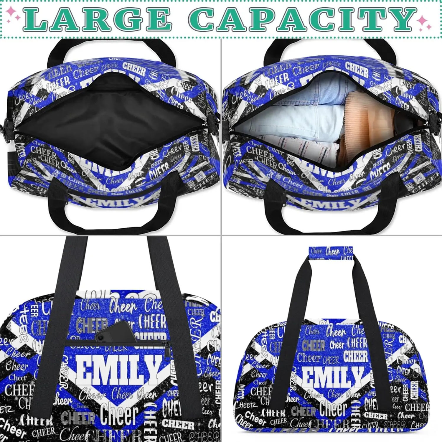 Personalized Cheer Bag with Name Sports Bag Royal Blue Glittering with Black, Custom Large Duffel Dance Gym Bag Weekender Bag Sleep Over Travel Duffel Bag
