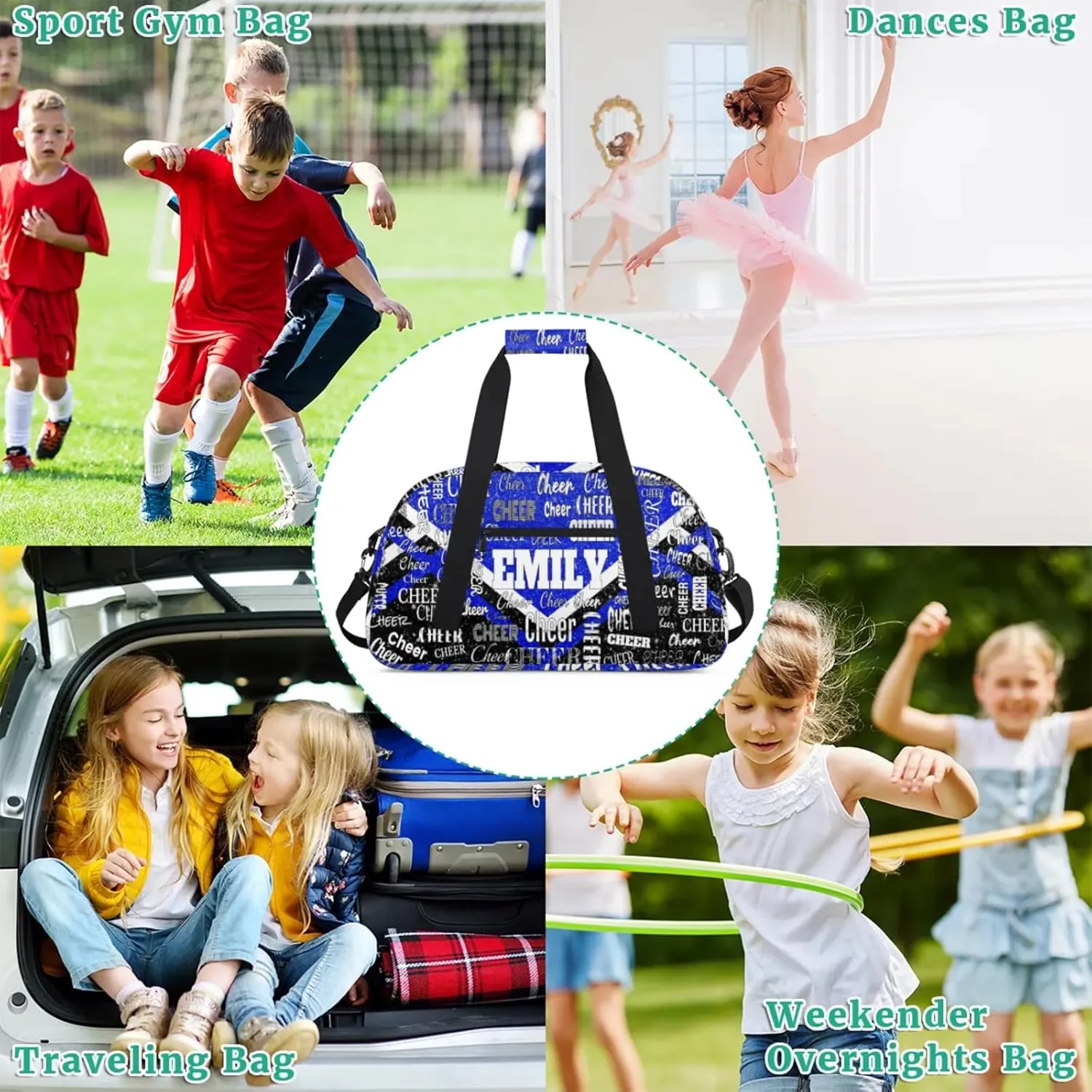 Personalized Cheer Bag with Name Sports Bag Royal Blue Glittering with Black, Custom Large Duffel Dance Gym Bag Weekender Bag Sleep Over Travel Duffel Bag
