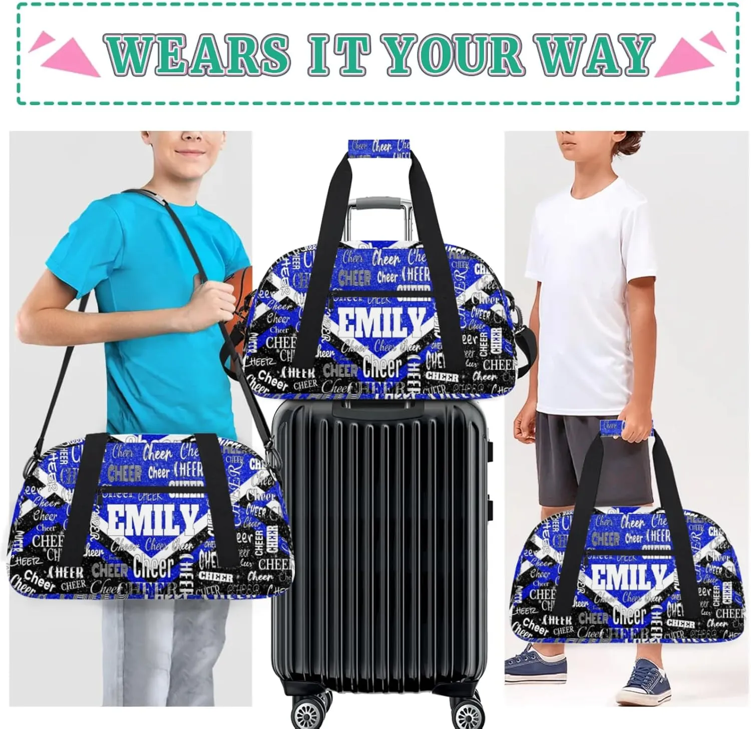 Personalized Cheer Bag with Name Sports Bag Royal Blue Glittering with Black, Custom Large Duffel Dance Gym Bag Weekender Bag Sleep Over Travel Duffel Bag