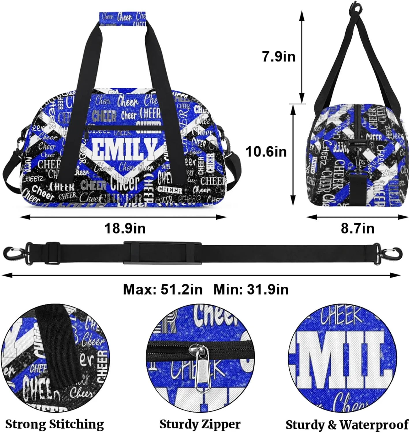 Personalized Cheer Bag with Name Sports Bag Royal Blue Glittering with Black, Custom Large Duffel Dance Gym Bag Weekender Bag Sleep Over Travel Duffel Bag