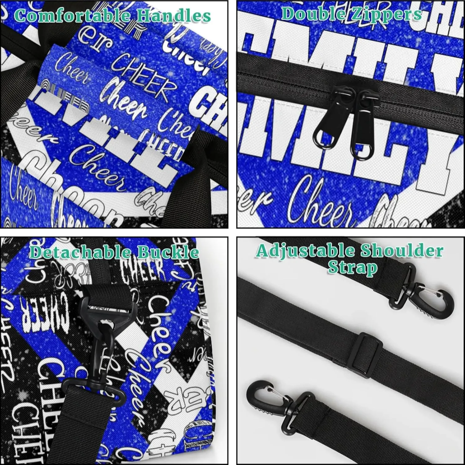 Personalized Cheer Bag with Name Sports Bag Royal Blue Glittering with Black, Custom Large Duffel Dance Gym Bag Weekender Bag Sleep Over Travel Duffel Bag
