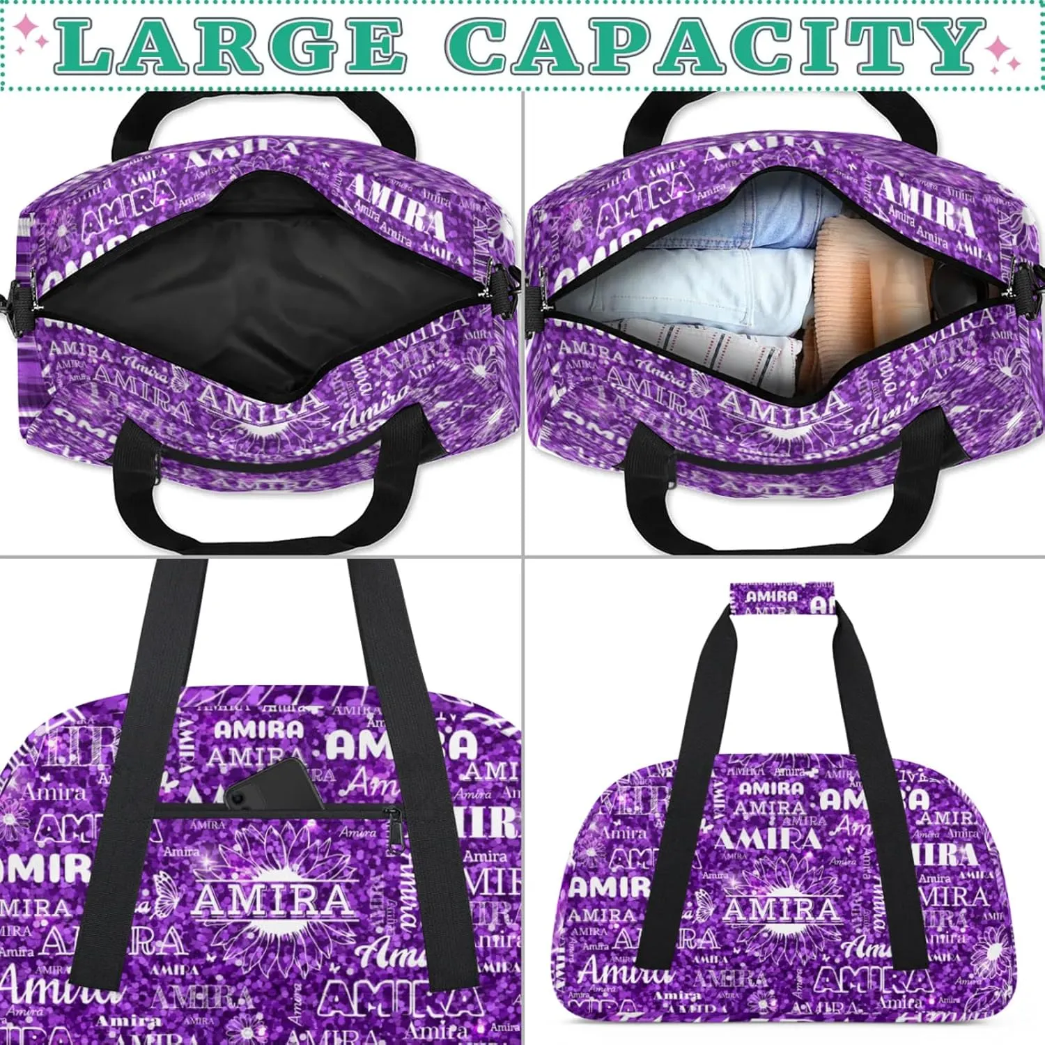 Personalized Dance Ballet Bag, Deep Sequins Bling with Sunflower Floral Custom Dancing Gym Bag with Name Overnight Large Duffel Bag for Train Gymnastics Sports Bag