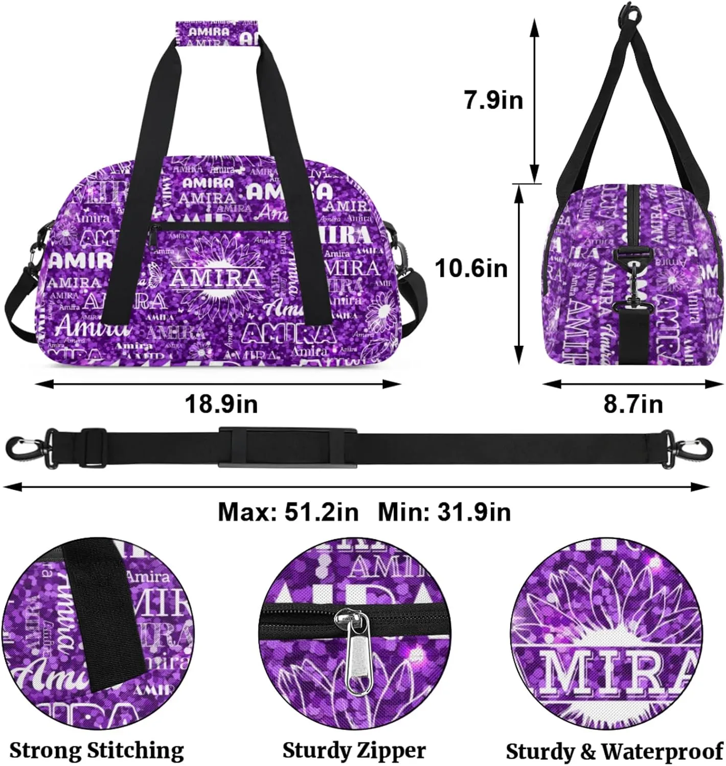 Personalized Dance Ballet Bag, Deep Sequins Bling with Sunflower Floral Custom Dancing Gym Bag with Name Overnight Large Duffel Bag for Train Gymnastics Sports Bag