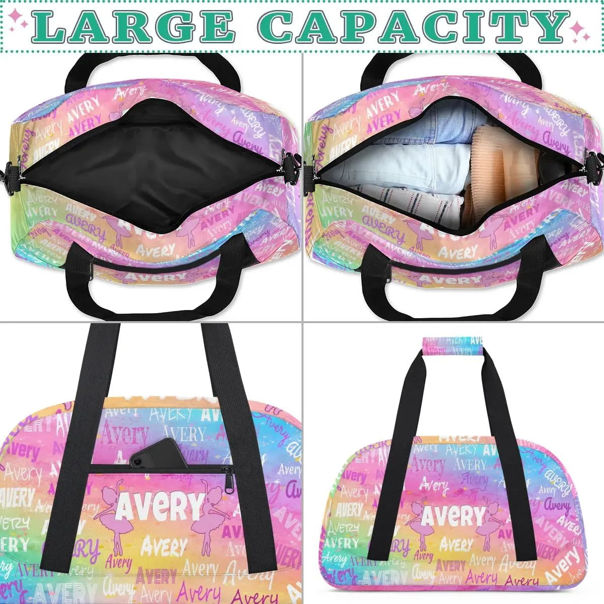Personalized Dance Ballet Bag for Girls, Custom Dancing Gym Bag with Name Painted Colorful Pink Blue Yellow Overnight Large Duffel Bag for Train Gymnastics Sports Bag