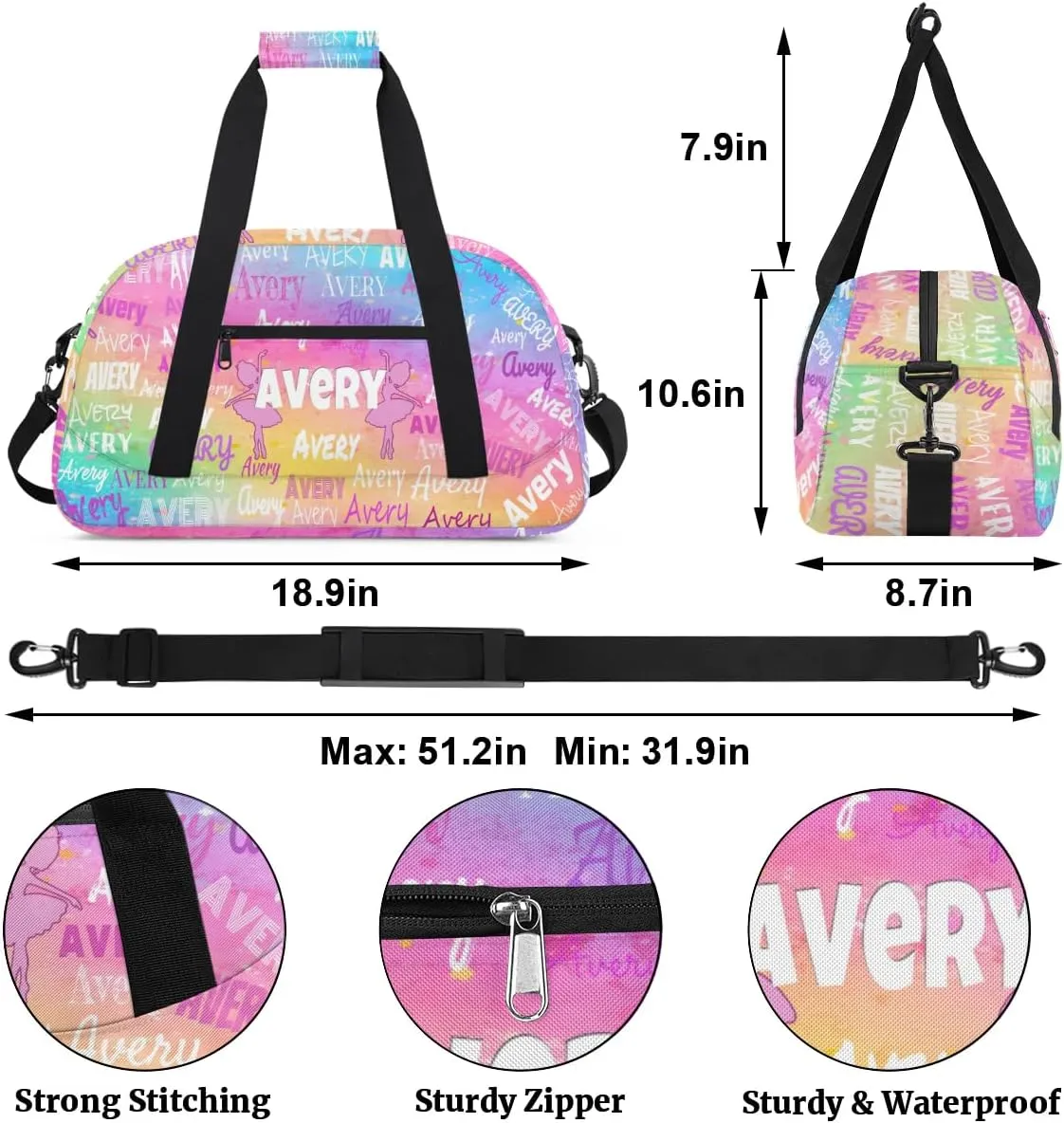 Personalized Dance Ballet Bag for Girls, Custom Dancing Gym Bag with Name Painted Colorful Pink Blue Yellow Overnight Large Duffel Bag for Train Gymnastics Sports Bag