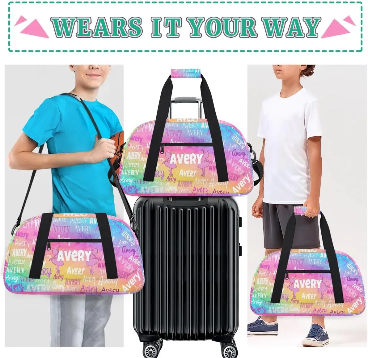 Personalized Dance Ballet Bag for Girls, Custom Dancing Gym Bag with Name Painted Colorful Pink Blue Yellow Overnight Large Duffel Bag for Train Gymnastics Sports Bag