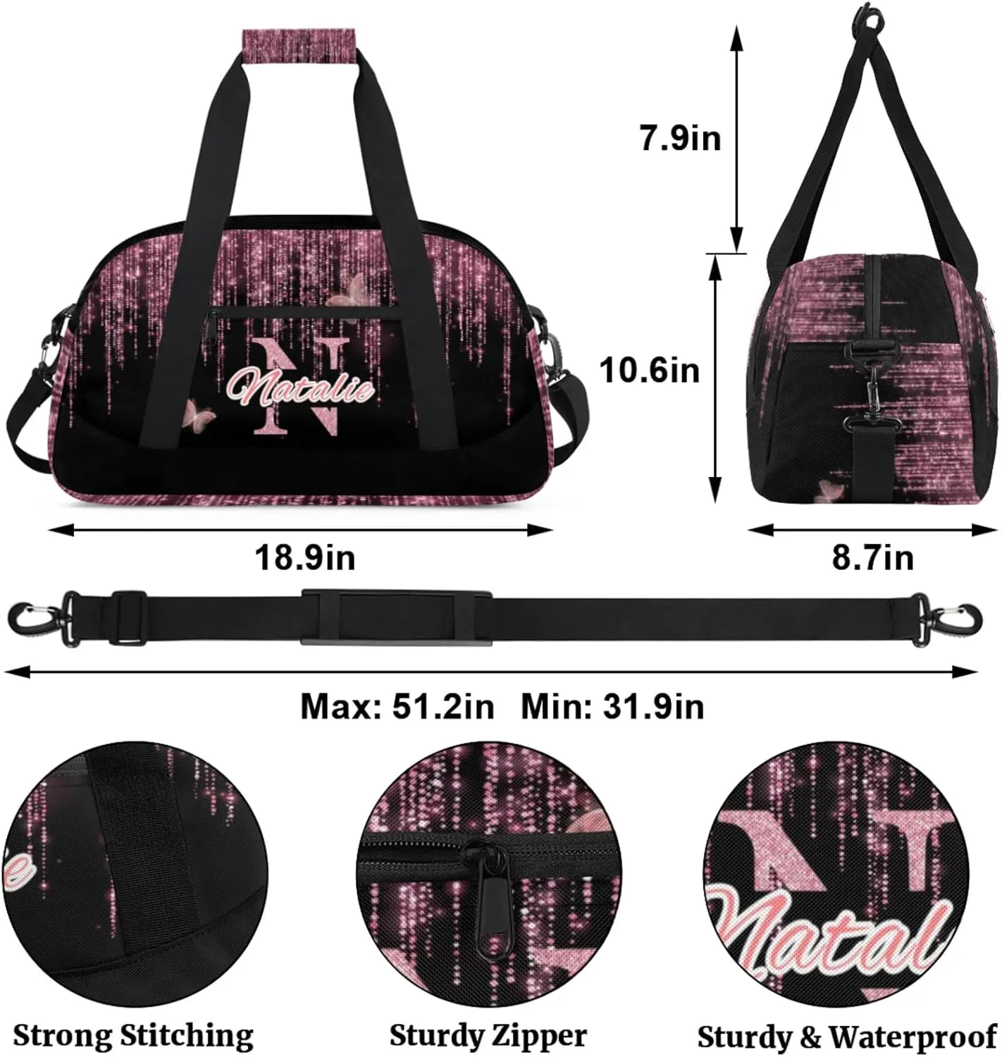 Personalized Kids Sports Duffel Bag with Name Custom Gym Dance Bag for Boys Girls Waterproof Weekender Overnight Bag for Travel Cheerleading Gymnastics Fluid Butterflies
