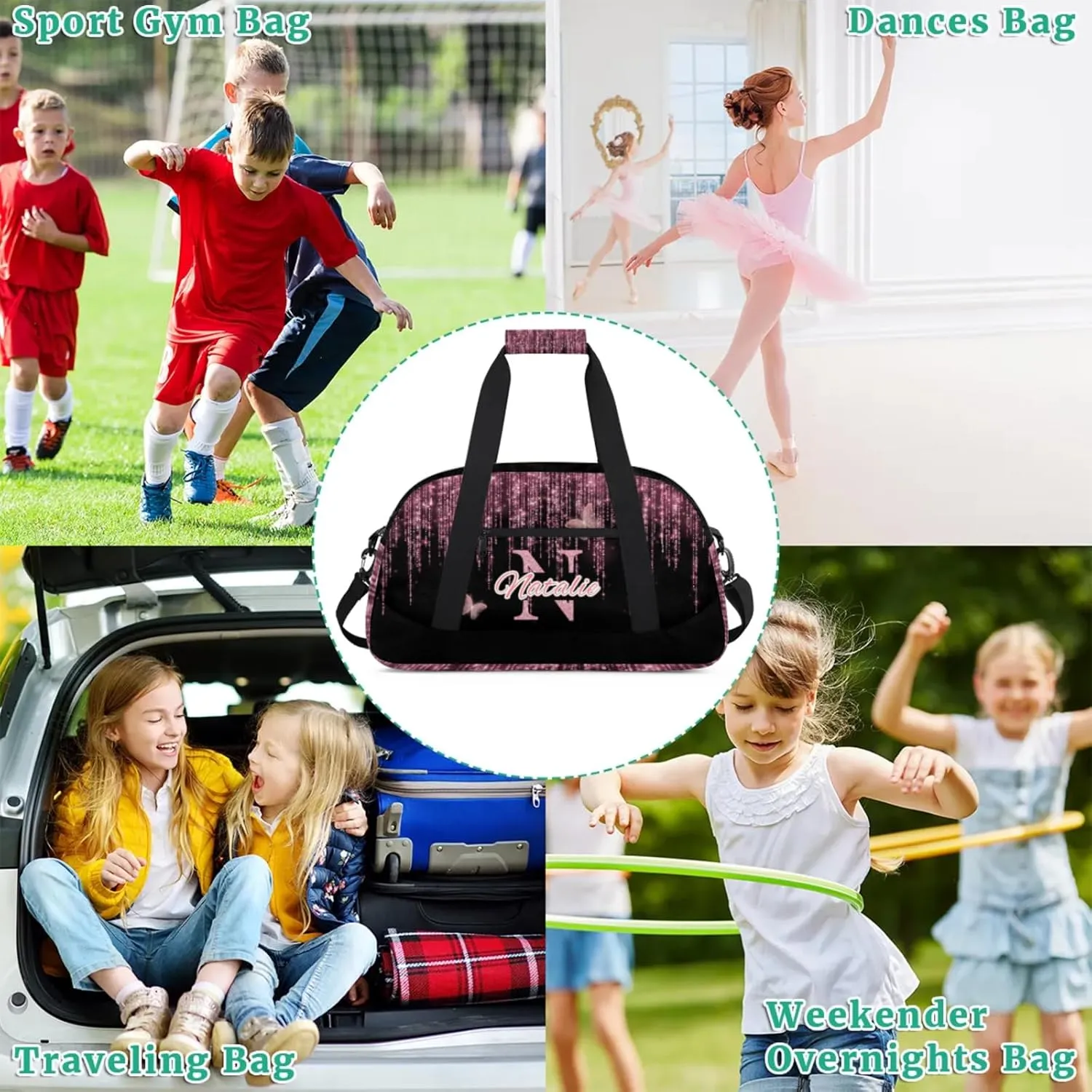 Personalized Kids Sports Duffel Bag with Name Custom Gym Dance Bag for Boys Girls Waterproof Weekender Overnight Bag for Travel Cheerleading Gymnastics Fluid Butterflies
