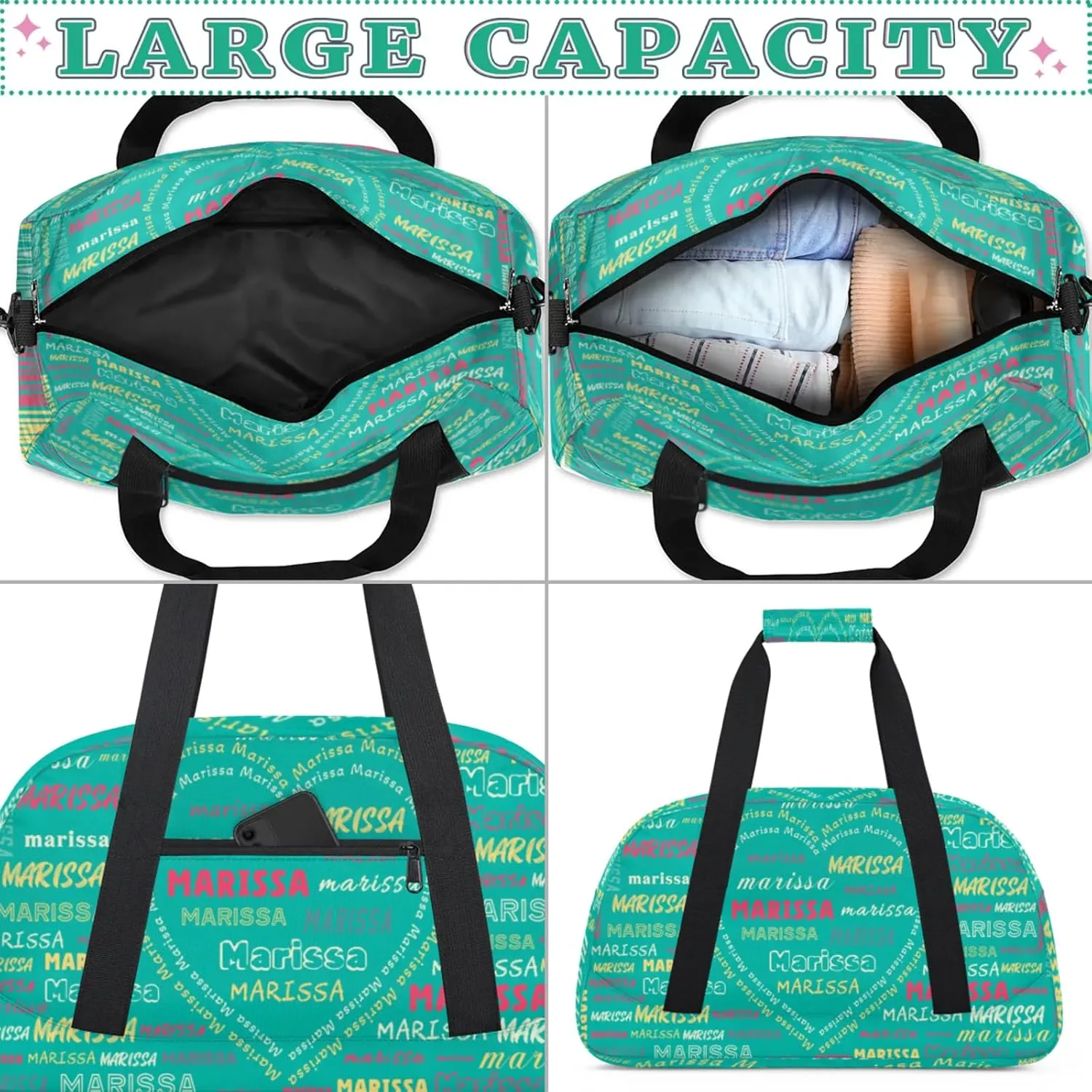 Personalized Kids Sports Duffel Bag with Name Custom Gym Dance Bag for Boys Girls Waterproof Weekender Overnight Bag for Travel Cheerleading Gymnastics Heart Green Yellow Pink