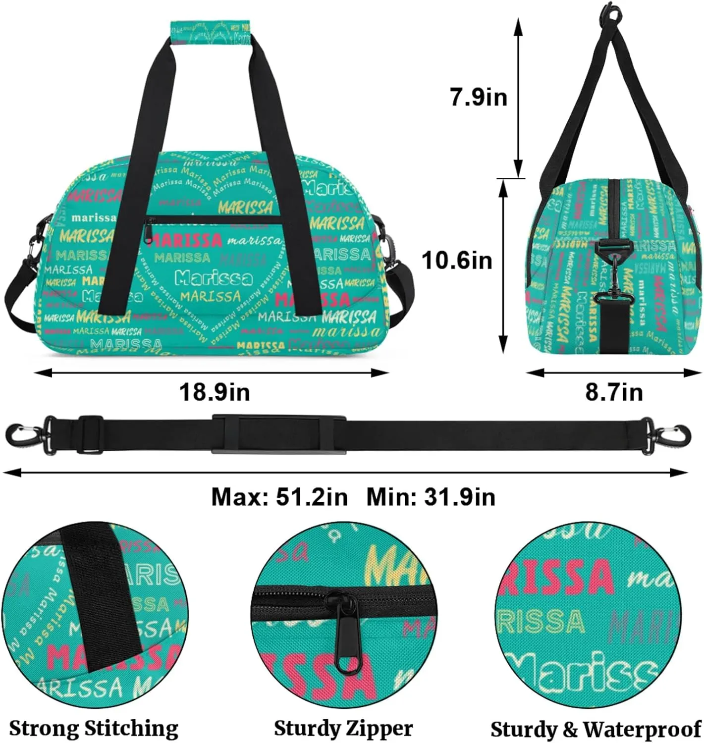 Personalized Kids Sports Duffel Bag with Name Custom Gym Dance Bag for Boys Girls Waterproof Weekender Overnight Bag for Travel Cheerleading Gymnastics Heart Green Yellow Pink