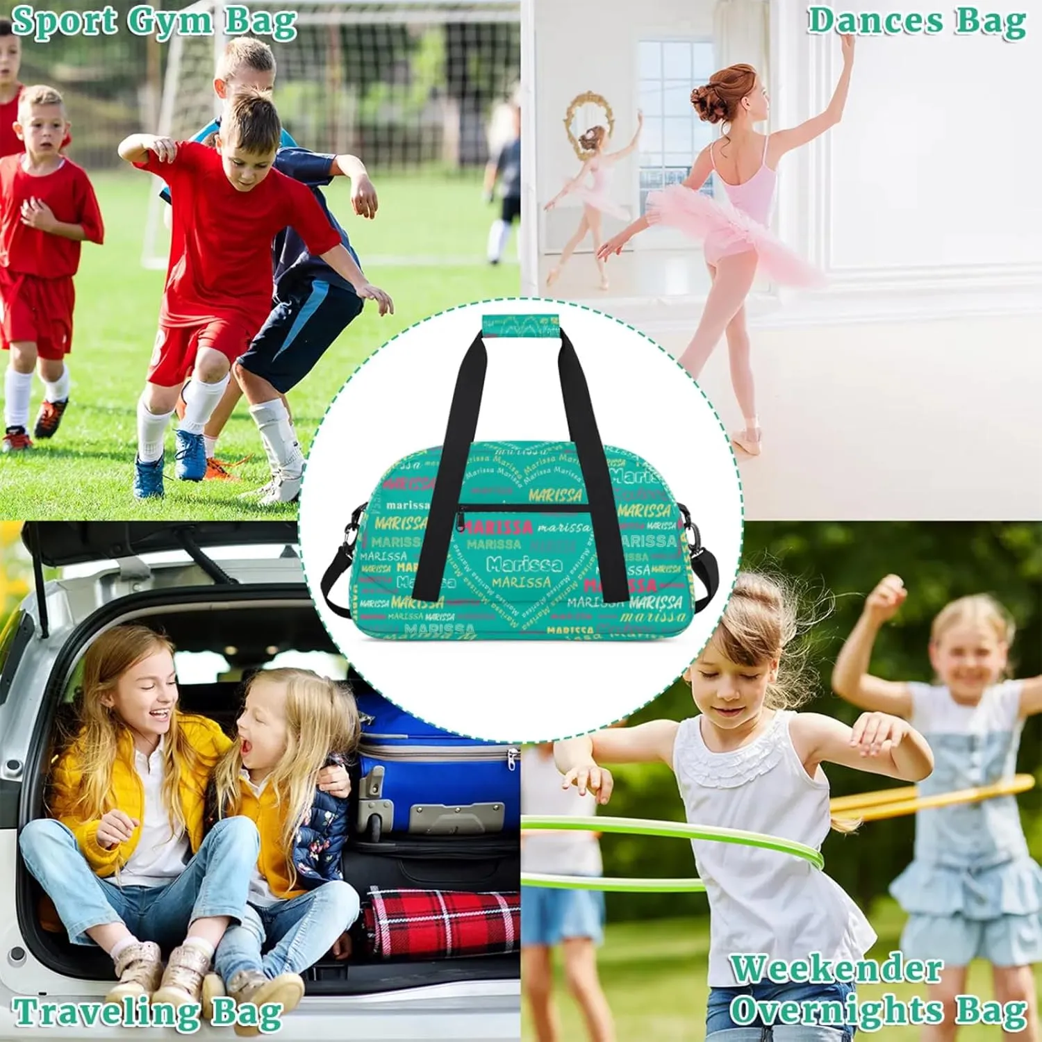 Personalized Kids Sports Duffel Bag with Name Custom Gym Dance Bag for Boys Girls Waterproof Weekender Overnight Bag for Travel Cheerleading Gymnastics Heart Green Yellow Pink