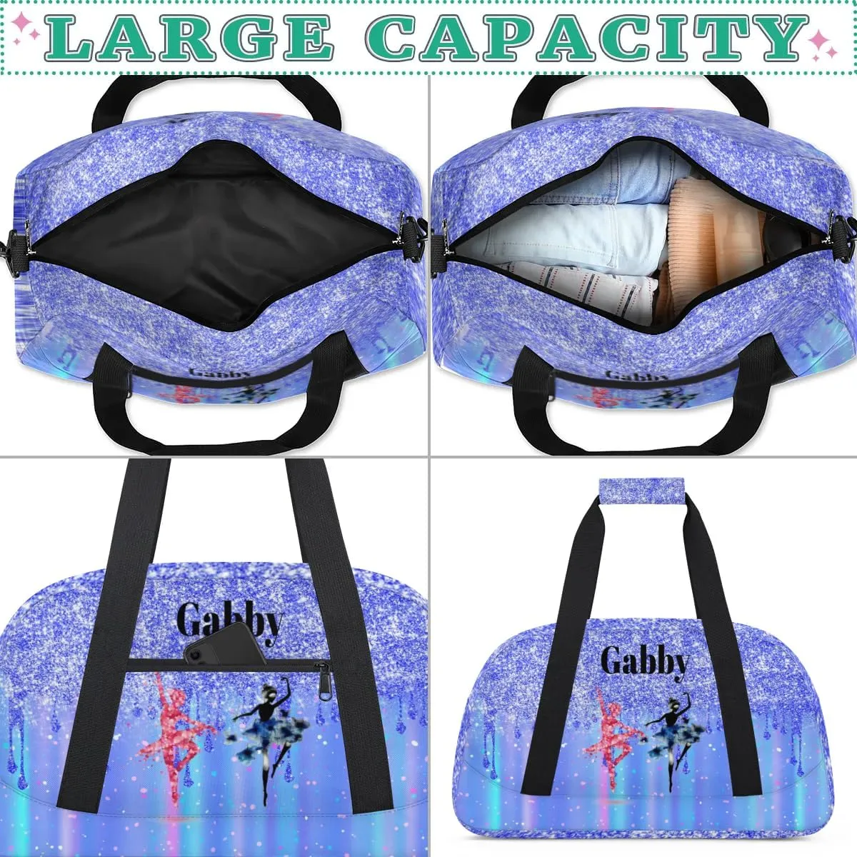 Personalized Name Dance Travel Bag for Girls, Custom Sport Duffel Bag Weekender Bags Travel Duffel Bag Gym Dancing Classes, Bright Blue Glittering Dancing