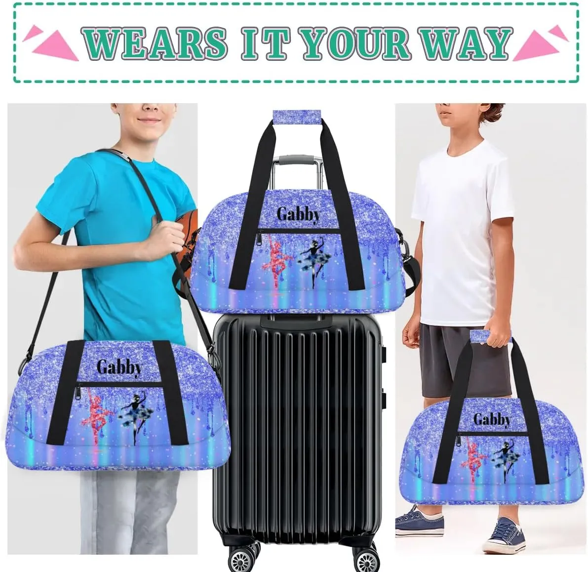 Personalized Name Dance Travel Bag for Girls, Custom Sport Duffel Bag Weekender Bags Travel Duffel Bag Gym Dancing Classes, Bright Blue Glittering Dancing