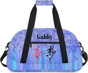 Personalized Name Dance Travel Bag for Girls, Custom Sport Duffel Bag Weekender Bags Travel Duffel Bag Gym Dancing Classes, Bright Blue Glittering Dancing