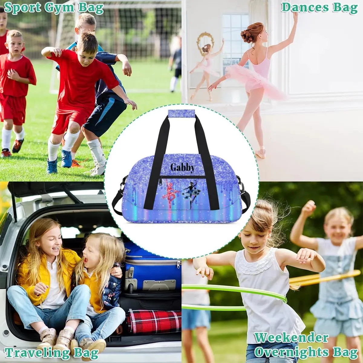 Personalized Name Dance Travel Bag for Girls, Custom Sport Duffel Bag Weekender Bags Travel Duffel Bag Gym Dancing Classes, Bright Blue Glittering Dancing
