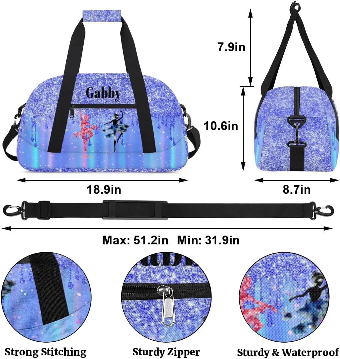 Personalized Name Dance Travel Bag for Girls, Custom Sport Duffel Bag Weekender Bags Travel Duffel Bag Gym Dancing Classes, Bright Blue Glittering Dancing
