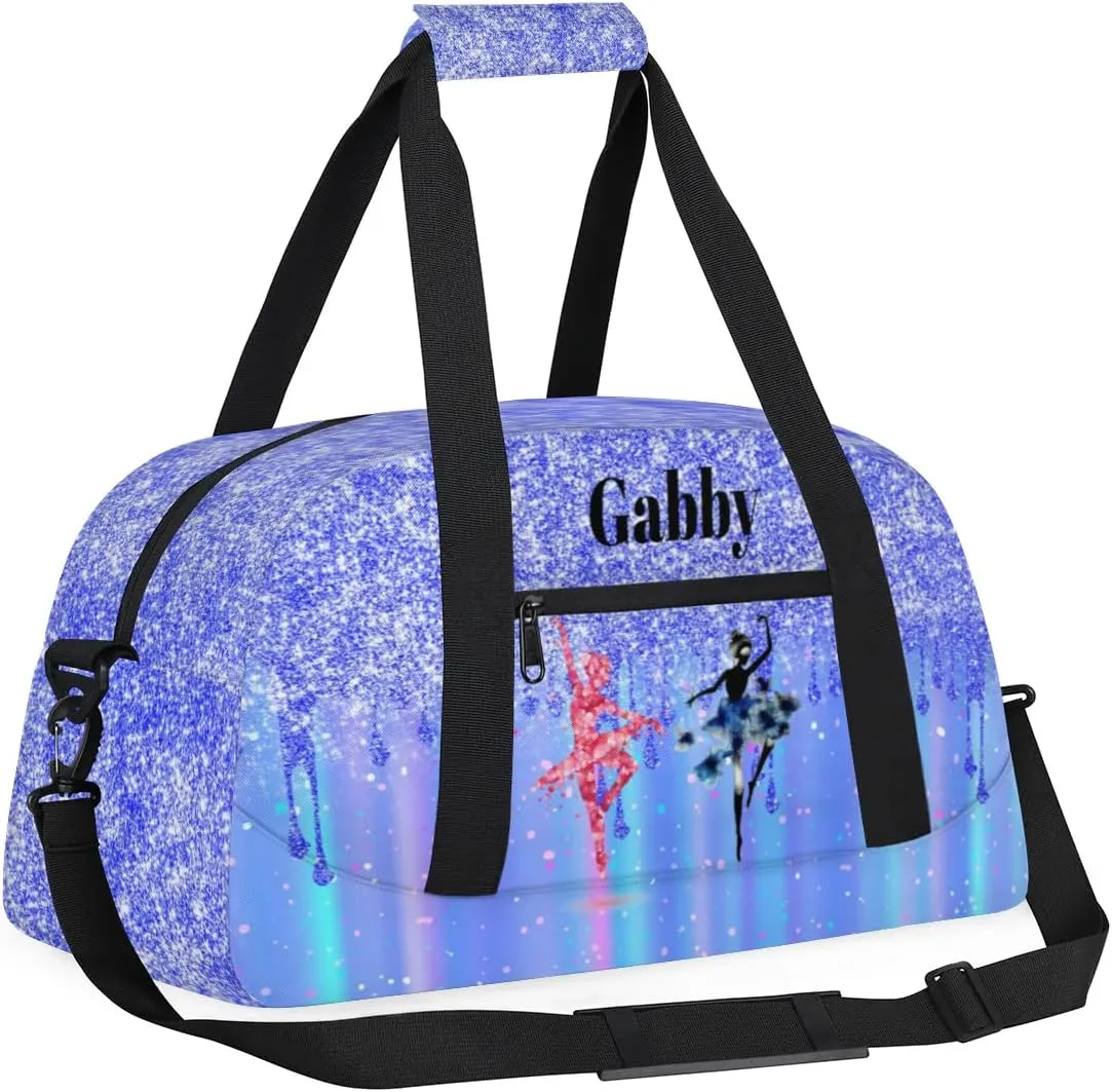 Personalized Name Dance Travel Bag for Girls, Custom Sport Duffel Bag Weekender Bags Travel Duffel Bag Gym Dancing Classes, Bright Blue Glittering Dancing