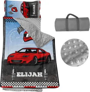 Personalized Nap Mats for Preschool, Custom Name Toddler Sleep Mats for Kids Daycare Kindergarten Car Series Portable Sleeping Bag with Pillow and Blanket for Boys Girls Easy Roll Up