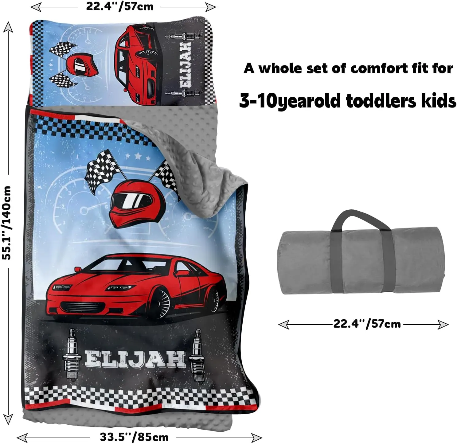 Personalized Nap Mats for Preschool, Custom Name Toddler Sleep Mats for Kids Daycare Kindergarten Car Series Portable Sleeping Bag with Pillow and Blanket for Boys Girls Easy Roll Up