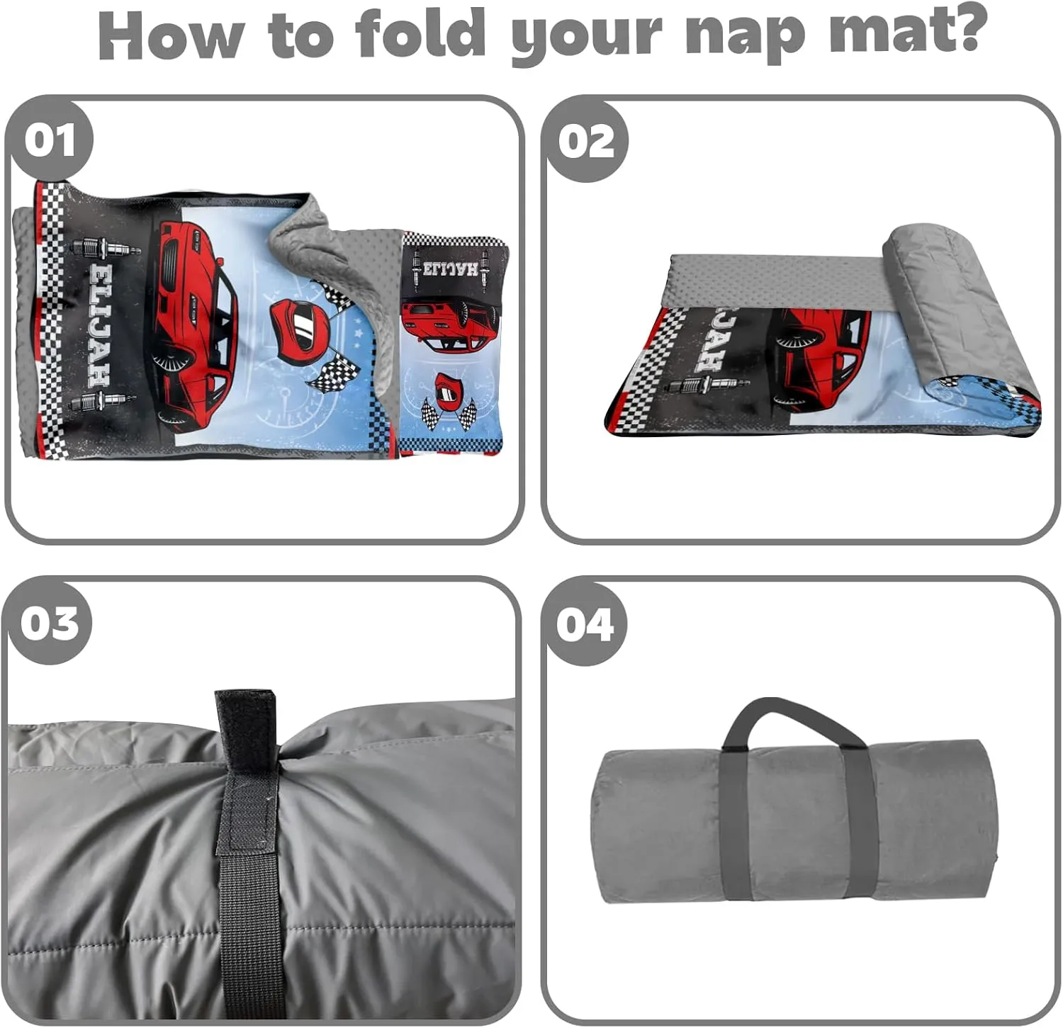 Personalized Nap Mats for Preschool, Custom Name Toddler Sleep Mats for Kids Daycare Kindergarten Car Series Portable Sleeping Bag with Pillow and Blanket for Boys Girls Easy Roll Up