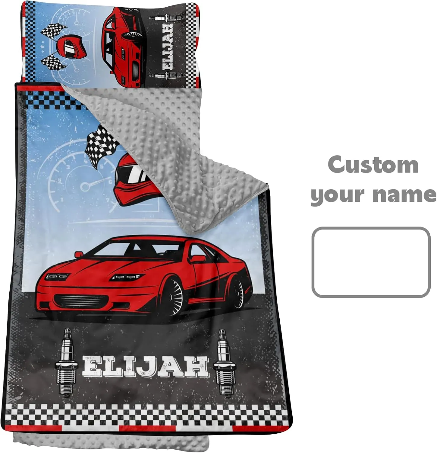 Personalized Nap Mats for Preschool, Custom Name Toddler Sleep Mats for Kids Daycare Kindergarten Car Series Portable Sleeping Bag with Pillow and Blanket for Boys Girls Easy Roll Up