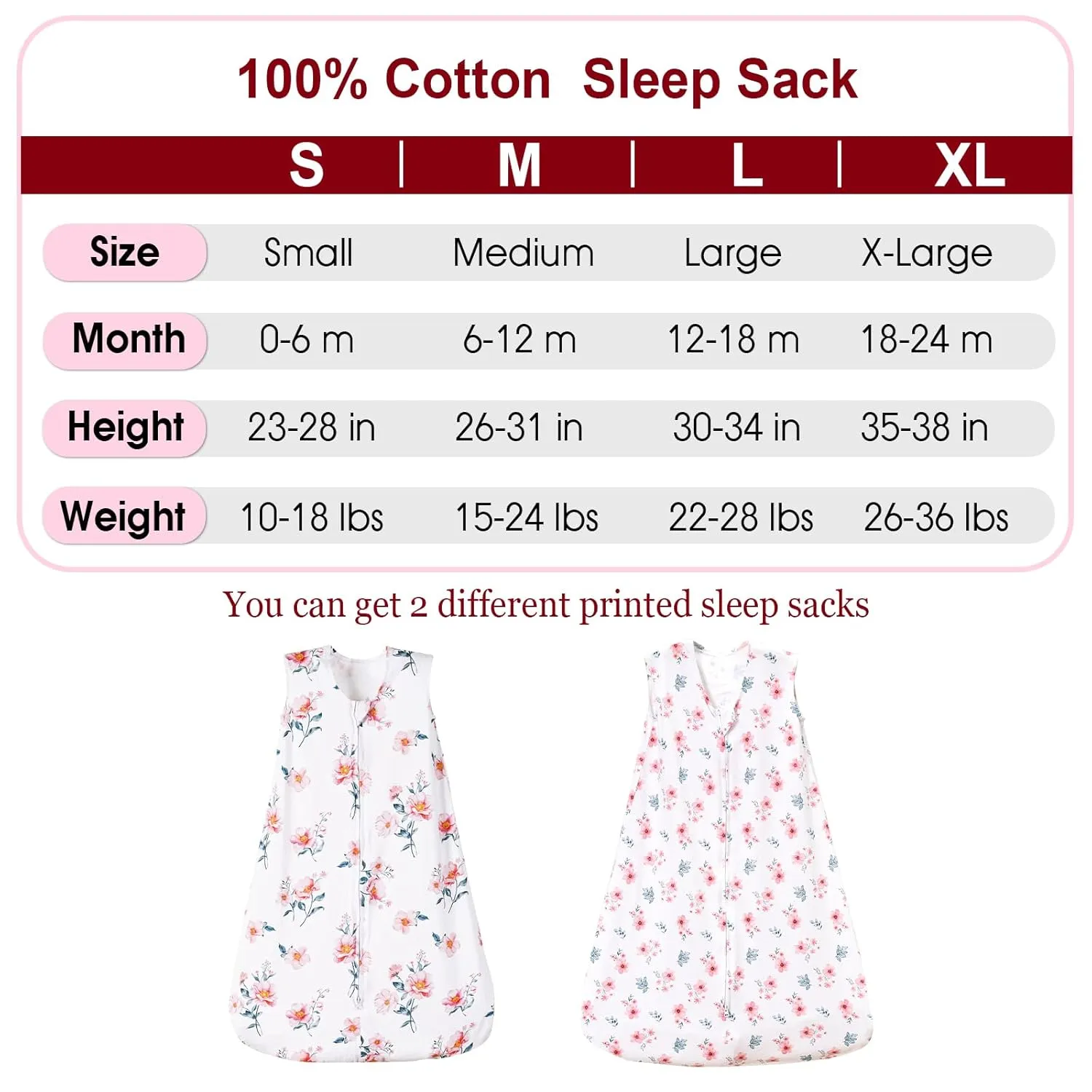 PHF 100% Cotton Baby Sleep Sack, 2-Way Zipper Baby Wearable Blanket, 18-24 Months TOG 0.5 Toddler Sleeping Sack, 2 Pack Sleeveless Soft Sleeping Bags for Baby Boys Girls, X-Large, Floral