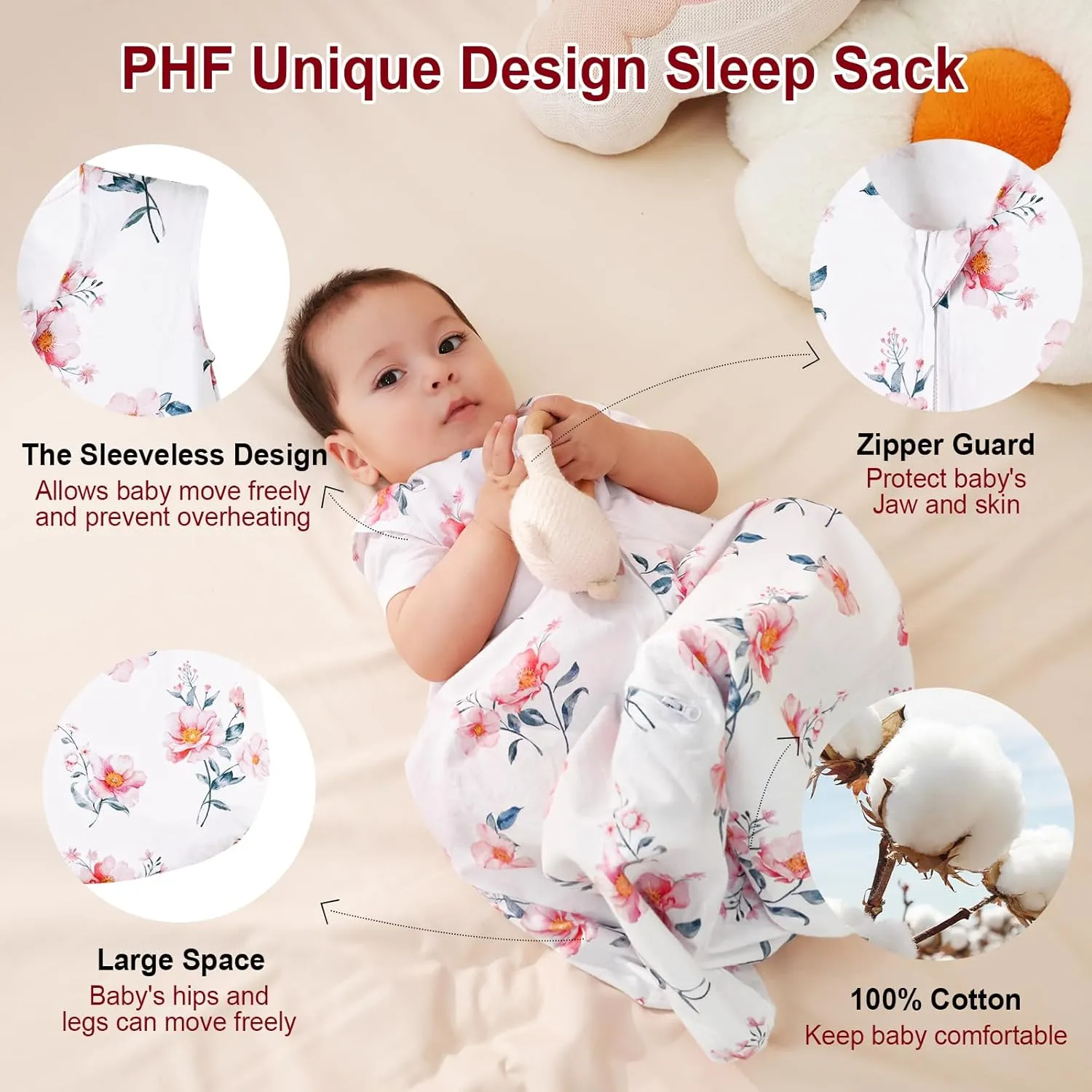 PHF 100% Cotton Baby Sleep Sack, 2-Way Zipper Baby Wearable Blanket, 18-24 Months TOG 0.5 Toddler Sleeping Sack, 2 Pack Sleeveless Soft Sleeping Bags for Baby Boys Girls, X-Large, Floral