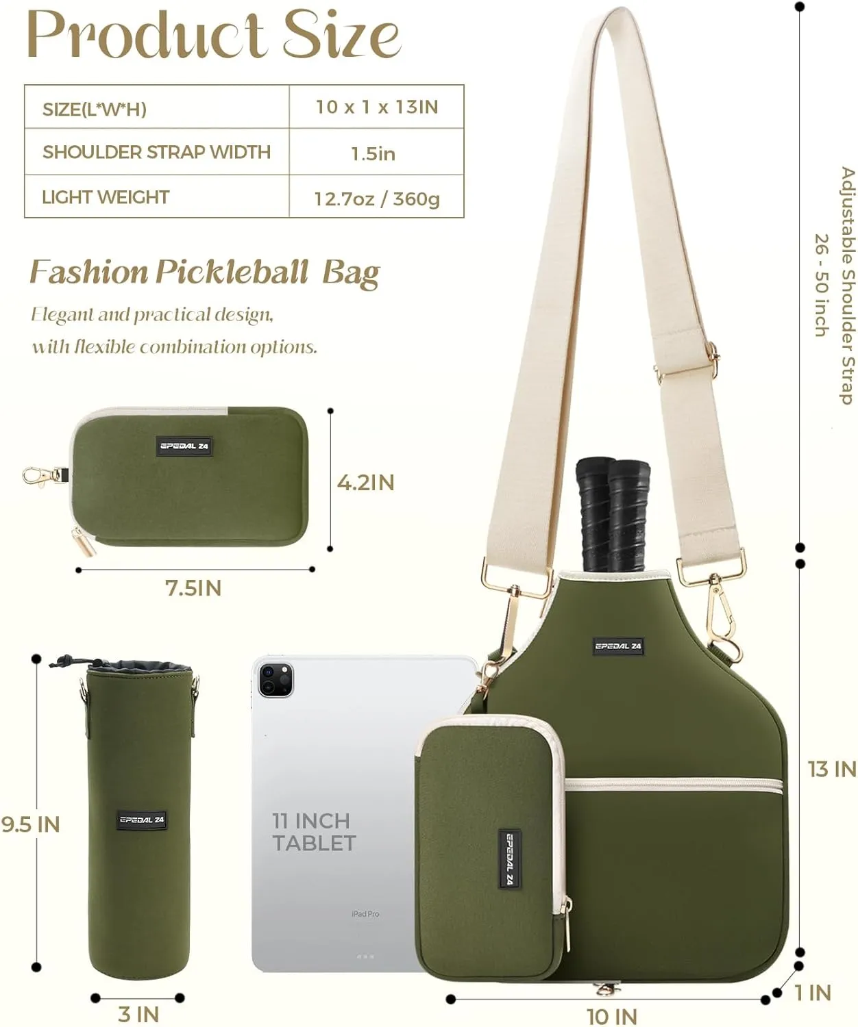 Pickleball Bag, 3-in-1 Mens and Womens Single Pickleball Sling Bag, Adjustable and Removable Sling Bag Water Bottle Bag and Mobile Phone Bag with Fence Hook Zippered Pockets (Bag Only)