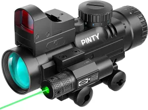 PINTY 4x32 Rifle Scope with 3MOA Red Dot Sight and Green Laser for 20mm Picatinny or Weaver Rail Long Guns, RGB Illuminated Rangefinder Scope Combo for Airsoft Pellet Guns Pistols Rifles