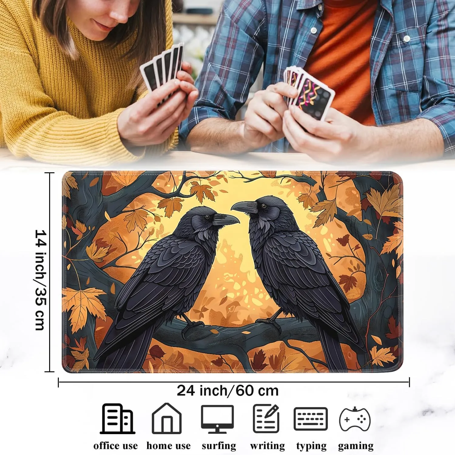 Playmat for MTG, 24x14 Inches Playmats, for TCG and CCG Trading Card Game Mat, Non-Slip Rubber for MTG Playmats with A Storage Bag and 6 Dice Set, Two Black Ravens Pattern
