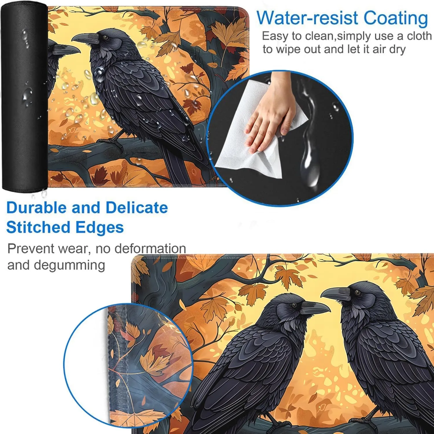 Playmat for MTG, 24x14 Inches Playmats, for TCG and CCG Trading Card Game Mat, Non-Slip Rubber for MTG Playmats with A Storage Bag and 6 Dice Set, Two Black Ravens Pattern