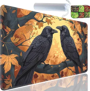 Playmat for MTG, 24x14 Inches Playmats, for TCG and CCG Trading Card Game Mat, Non-Slip Rubber for MTG Playmats with A Storage Bag and 6 Dice Set, Two Black Ravens Pattern