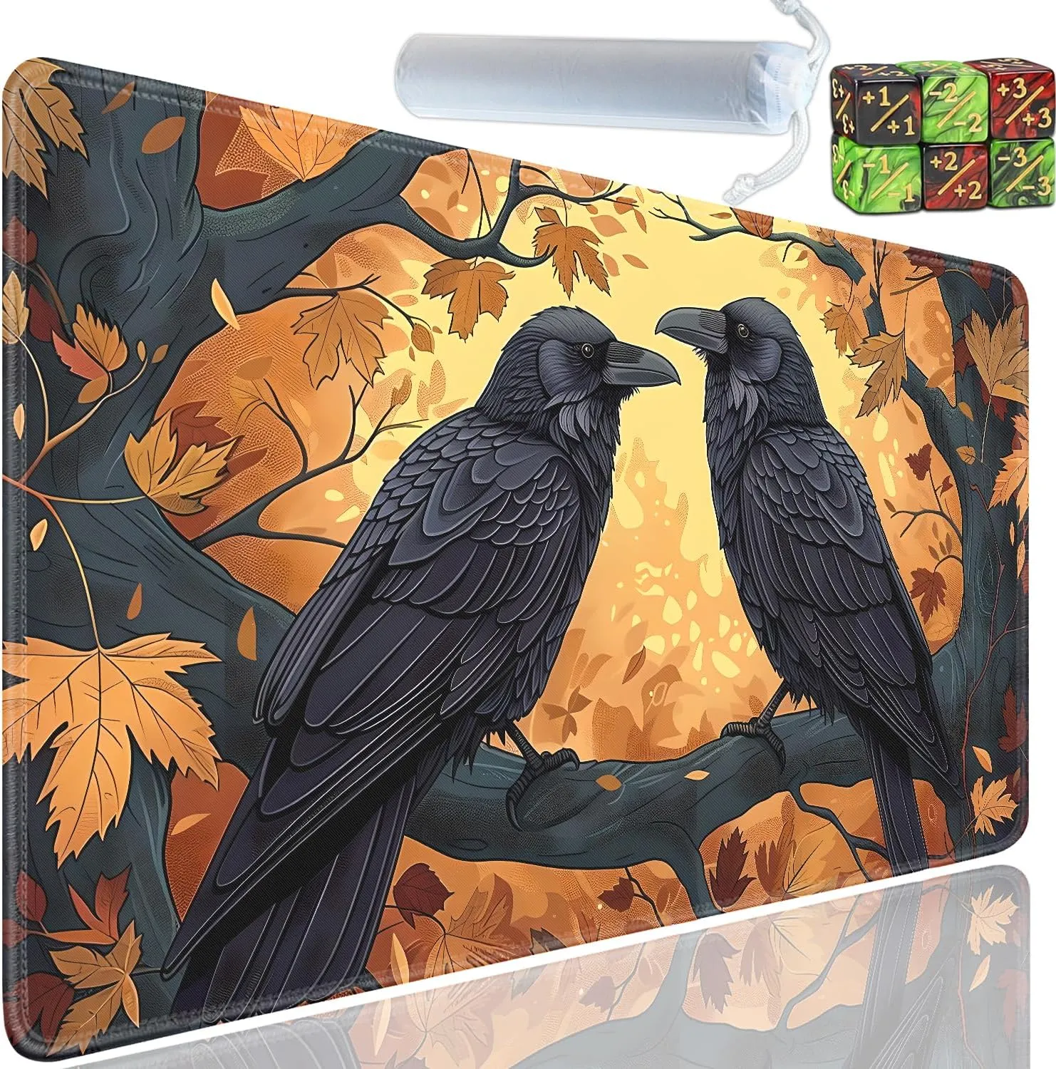 Playmat for MTG, 24x14 Inches Playmats, for TCG and CCG Trading Card Game Mat, Non-Slip Rubber for MTG Playmats with A Storage Bag and 6 Dice Set, Two Black Ravens Pattern