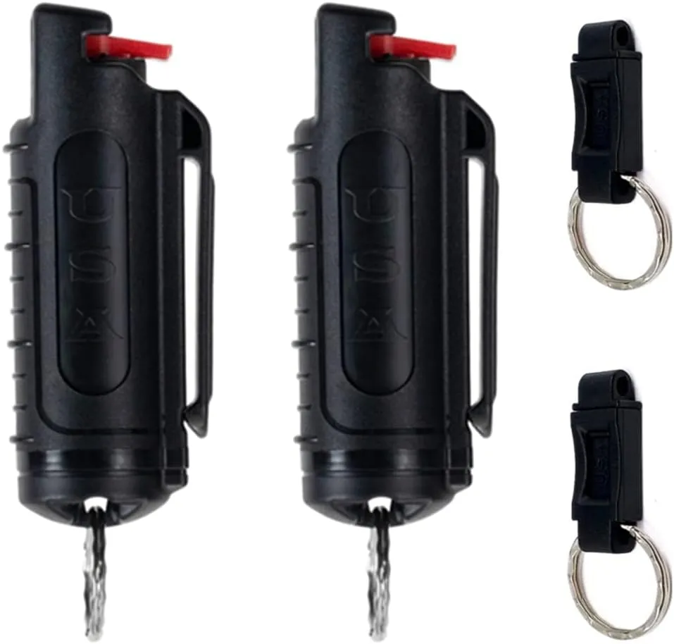 Police Magnum Keychain Pepper Spray Self Defense Belt Clip Holder - 2 Pack Tactical Maximum Strength OC with Dye - Small Safety Key Chains for Women & Men - Made in The USA