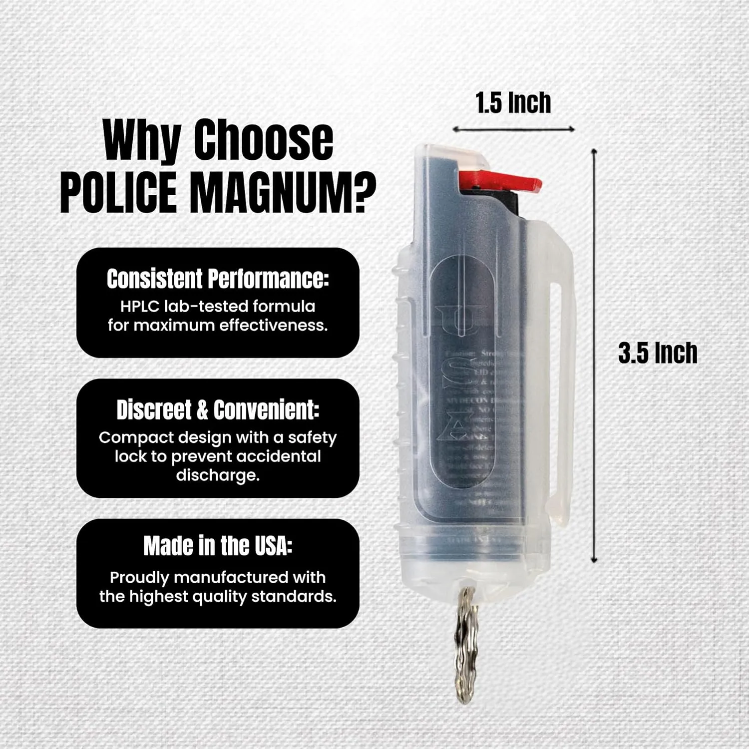 Police Magnum Keychain Pepper Spray Self Defense Belt Clip Holder - 3 Pack Tactical Maximum Strength OC with Dye - Small Safety Key Chains for Women & Men - Made in The USA