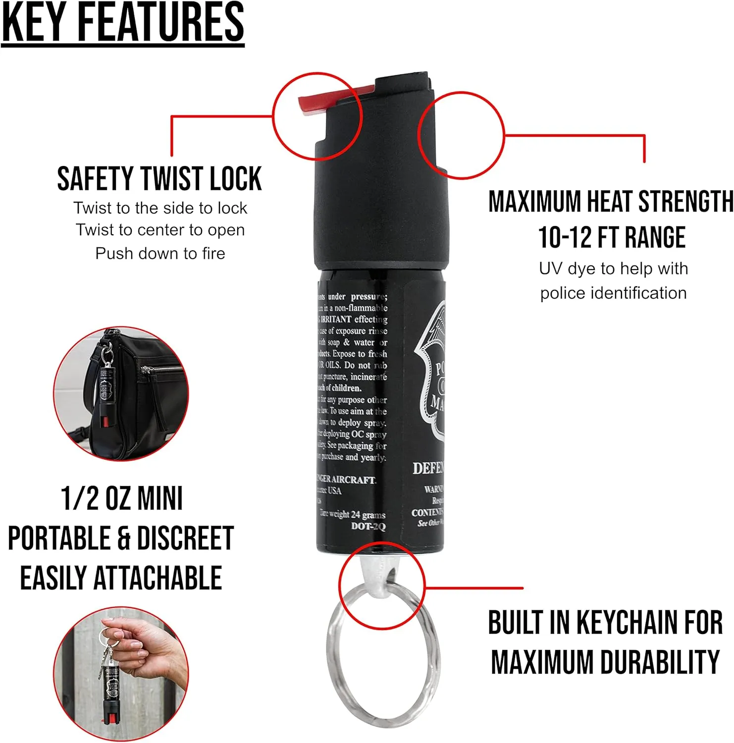 POLICE MAGNUM Mini Pepper Spray Bulk Pack- Max Heat Strength Protection- Made in The USA- 1/2oz Twist Lock Keyrings