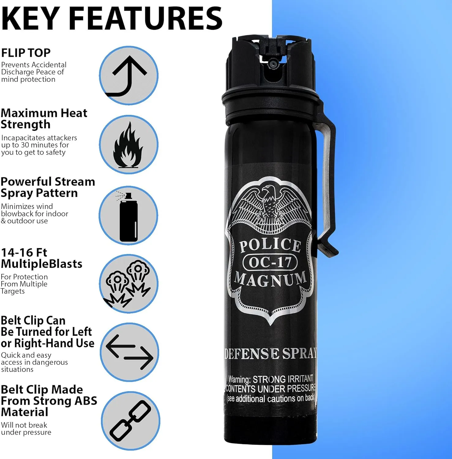POLICE MAGNUM Pepper Spray Self Defense- 16ft Range- Portable Law Enforcement Unit - Made in The USA - 1 Pack 5oz Flip Top