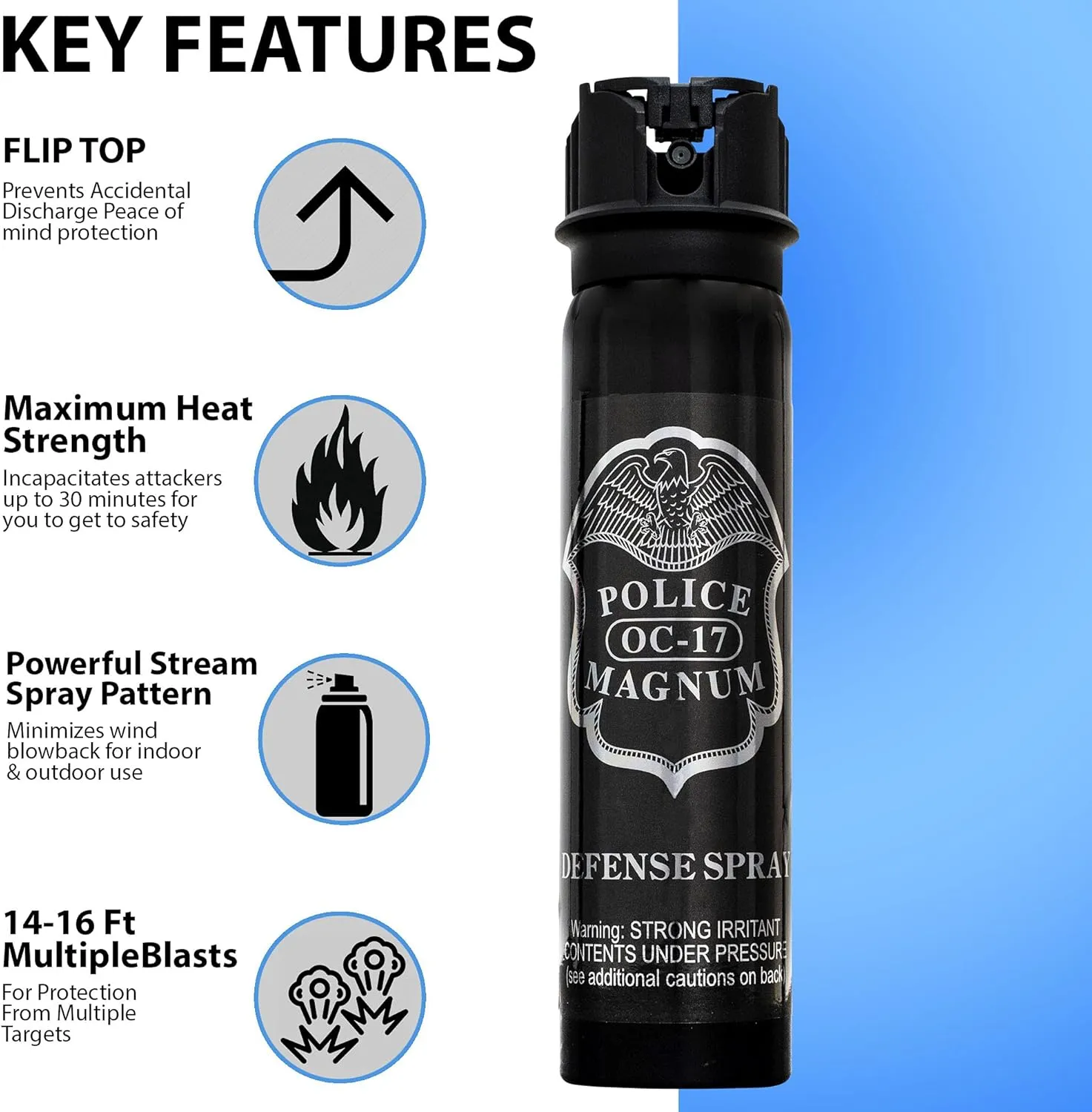 POLICE MAGNUM Pepper Spray Self Defense- 16ft Range- Portable Law Enforcement Unit - Made in The USA - 1 Pack 5oz Flip Top
