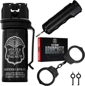 Police Magnum Pepper Spray self Defense- Maximum Security Bundle Kit- 2oz Flip Top Belt Clip Steam- 1/2oz Black Flip Top Keychain- Black Steel Handcuffs
