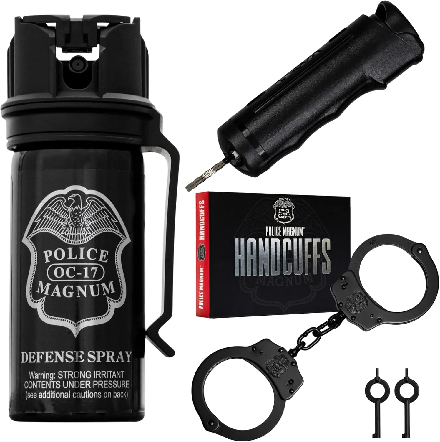 Police Magnum Pepper Spray self Defense- Maximum Security Bundle Kit- 2oz Flip Top Belt Clip Steam- 1/2oz Black Flip Top Keychain- Black Steel Handcuffs