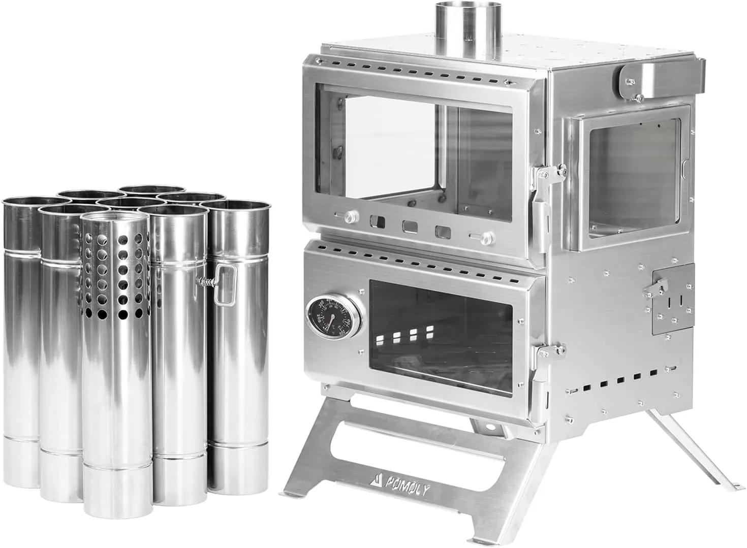 POMOLY Camping Tent Stove Oven Wood Stove, Baker Stainless Steel Wood Burning Stove for Hiking, Cooking, Heating (with Oven)