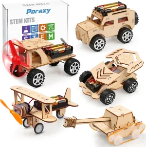 Poraxy 5 in 1 STEM Kits for Kids Age 8-10, Science Building Project Craft for 8-13, Model Car Kit, STEM Toys for Boys Girls Age 8-12, Wooden 3D Puzzles, Birthday Gifts for 6 7 8 9 10 11 12 13 Year Old