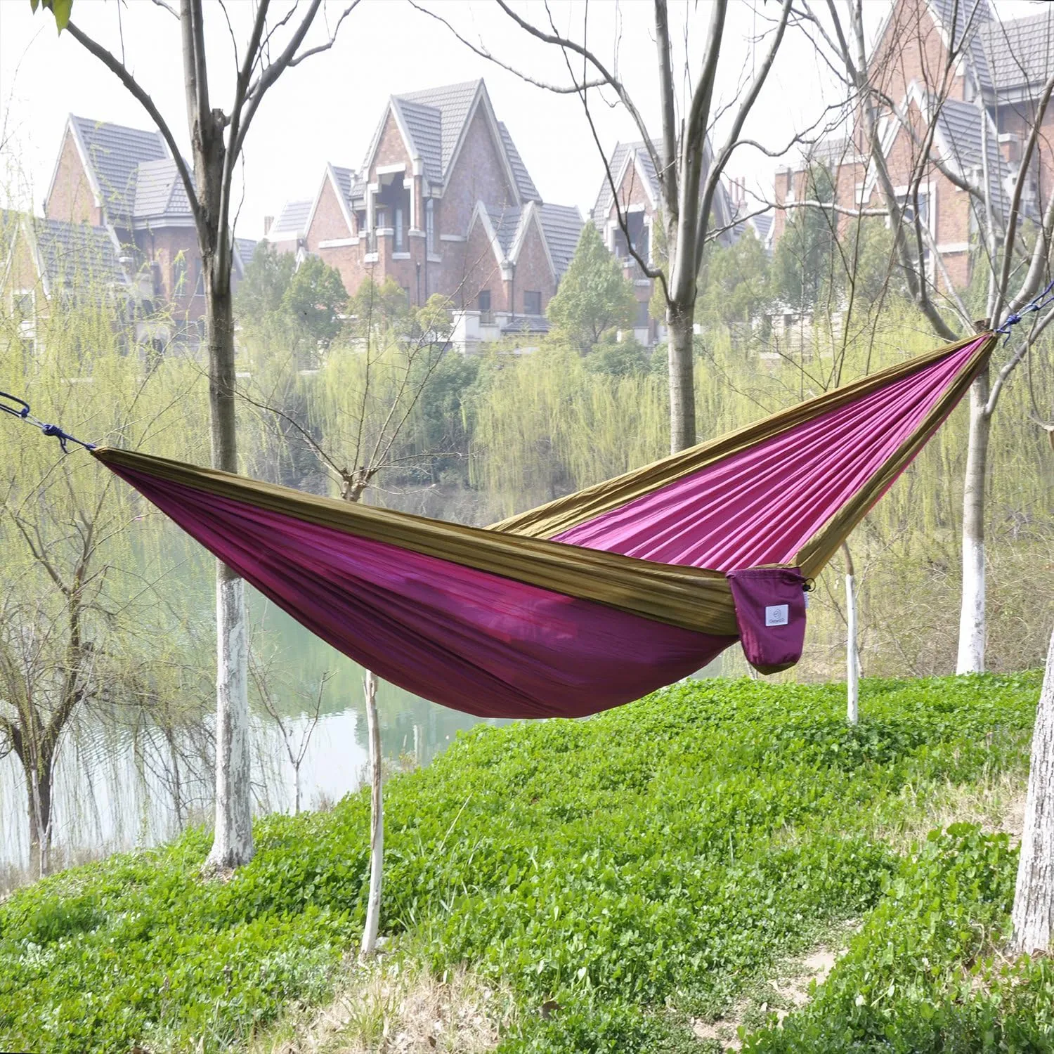 Portable Parachute Camping Hammocks Lightweight Nylon Fabric Travel Hammock (Brown/Purple, 295cm x 198cm/Double)