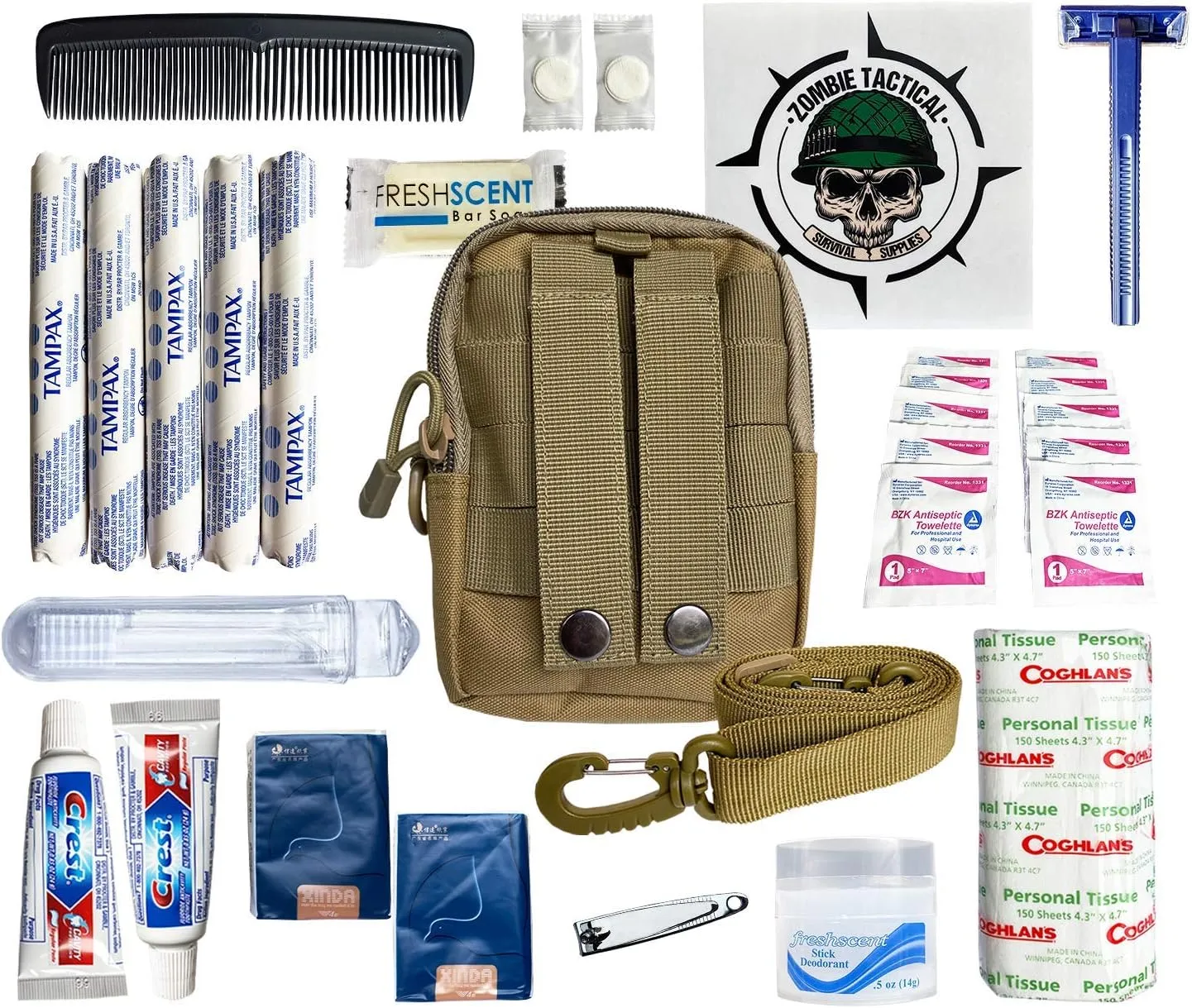 Premium Survival Hygiene Kit – Camping Hygiene Supplies – 72 Hour Kit – MOLLE Pouch – Emergencies, Bug Out Bags, Hurricanes – Disaster Preparedness Hygiene Kit – Car Window/Laptop Sticker Included