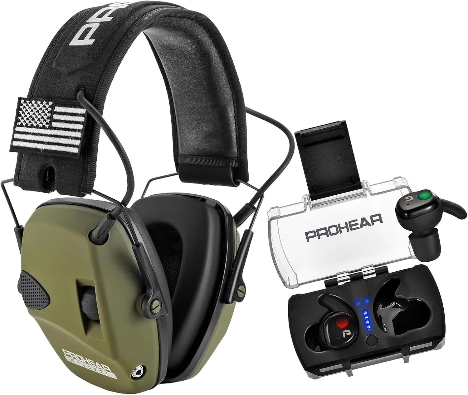 PROHEAR Shooting Ear Protection Combo – Electronic Ear Muffs   Tactical Bluetooth Ear Buds with 4X Sound Amplification – Ideal for Range, Hunting & Outdoor Use