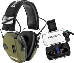 PROHEAR Shooting Ear Protection Combo – Electronic Ear Muffs   Tactical Bluetooth Ear Buds with 4X Sound Amplification – Ideal for Range, Hunting & Outdoor Use