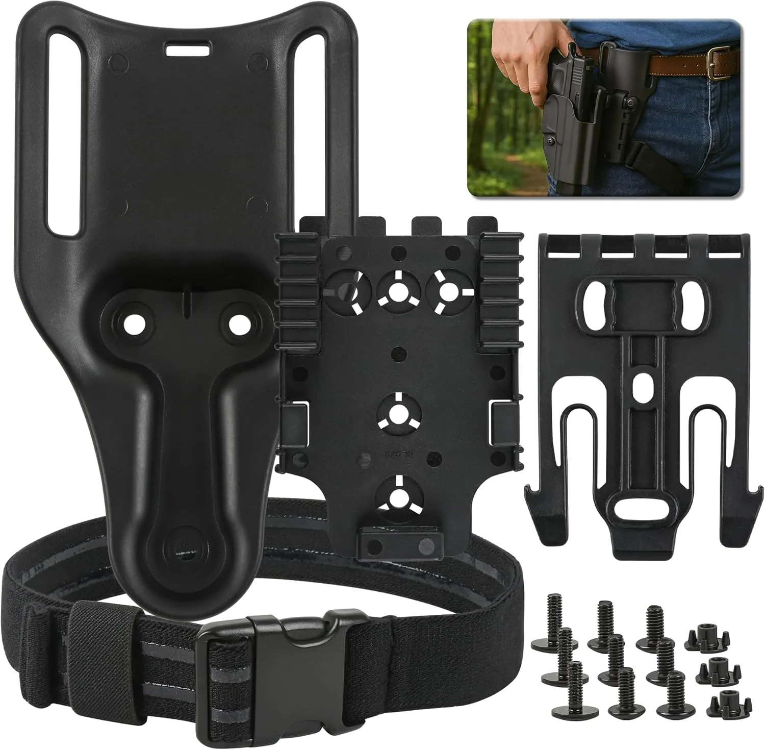 QLS Quick Locking System Kit with 2" Belt Loop, Fork, Receiver Plate, Elastic Leg Strap & Mag Pouch, Holster, 2.25" Adapter