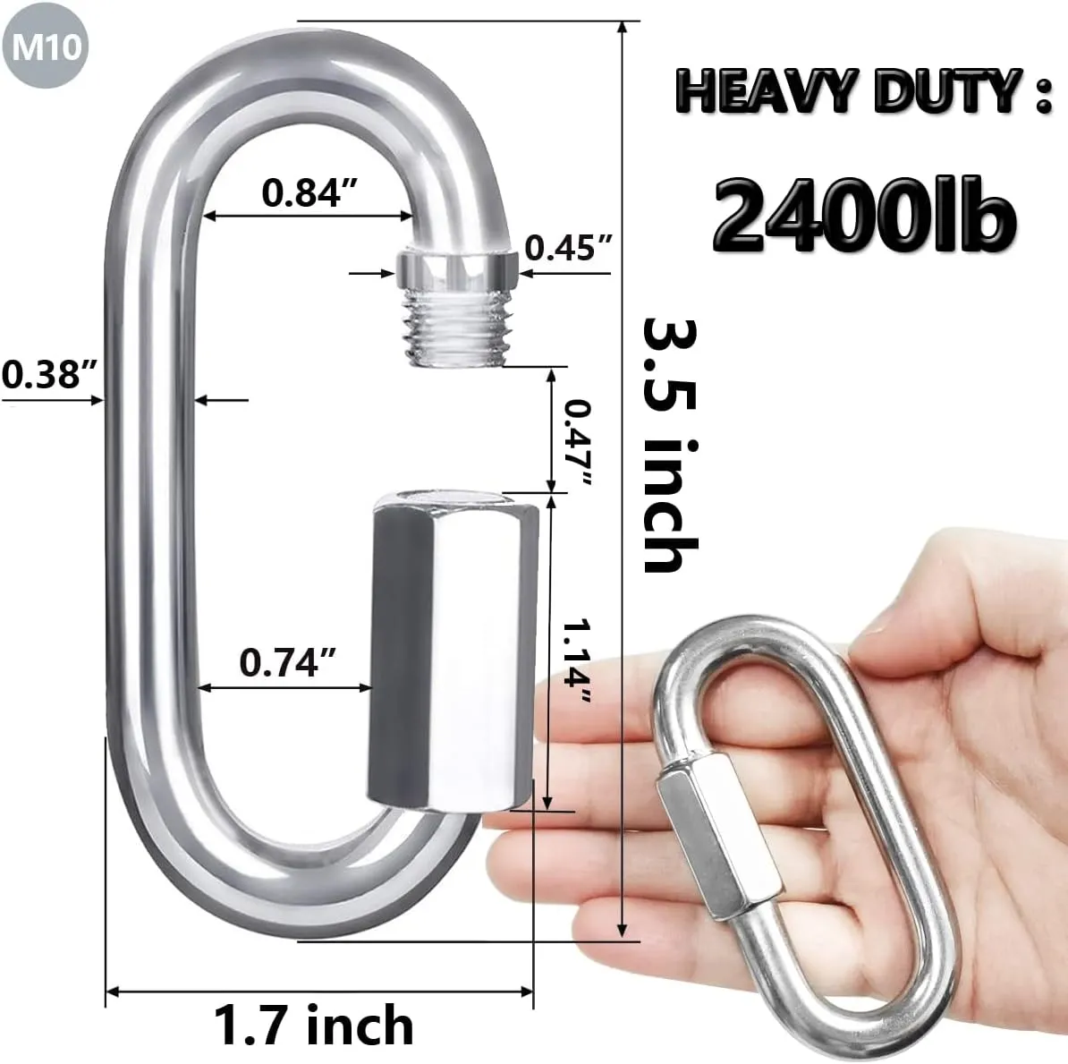 Quick Link, Lsqurel 304 Stainless Steel D Shape Locking Carabiner Heavy Duty Chain Link Keychain for Outdoor Fence Gate Swings Pet Dog M4 M6 M8 M10 Capacity 200lb 600lb 1200lb 2400lb