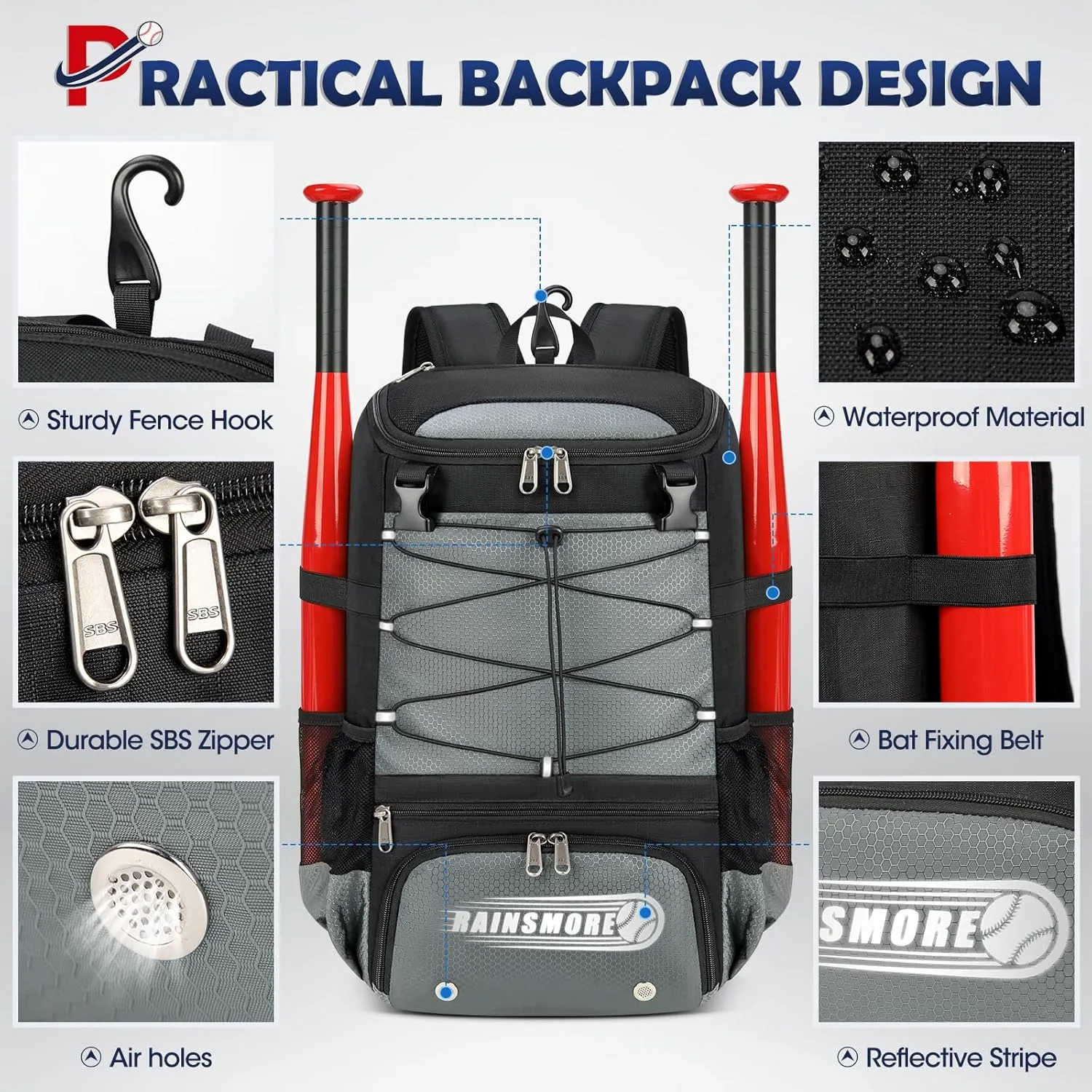 RAINSMORE Baseball Bag for Youth & Adult Lightweight Softball Bat Bag with Shoe Compartment, External Helmet Holder and Fence Hook Waterproof Baseball Backpack Hold T-Ball, Bat and Softball Equipment