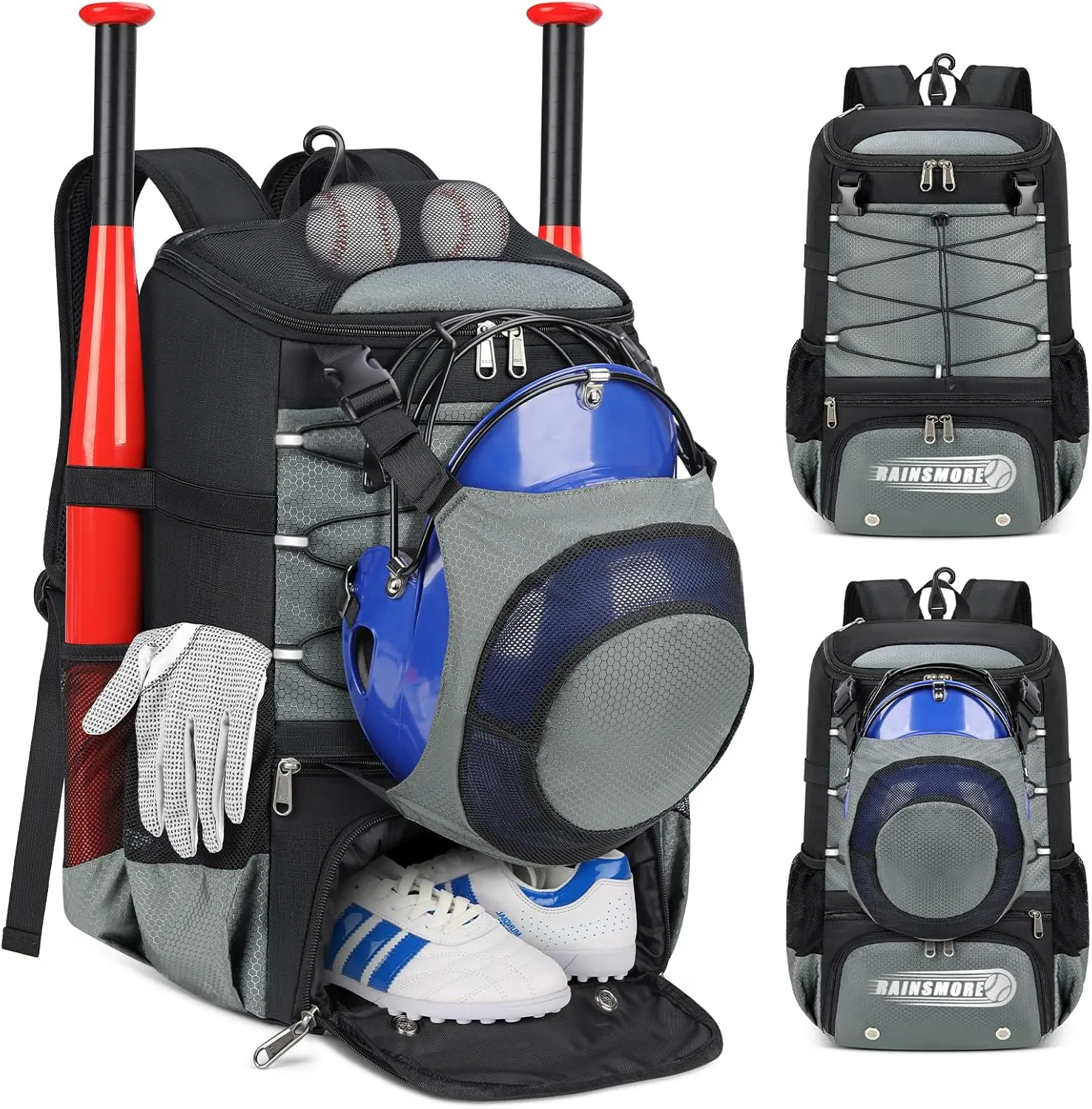 RAINSMORE Baseball Bag for Youth & Adult Lightweight Softball Bat Bag with Shoe Compartment, External Helmet Holder and Fence Hook Waterproof Baseball Backpack Hold T-Ball, Bat and Softball Equipment